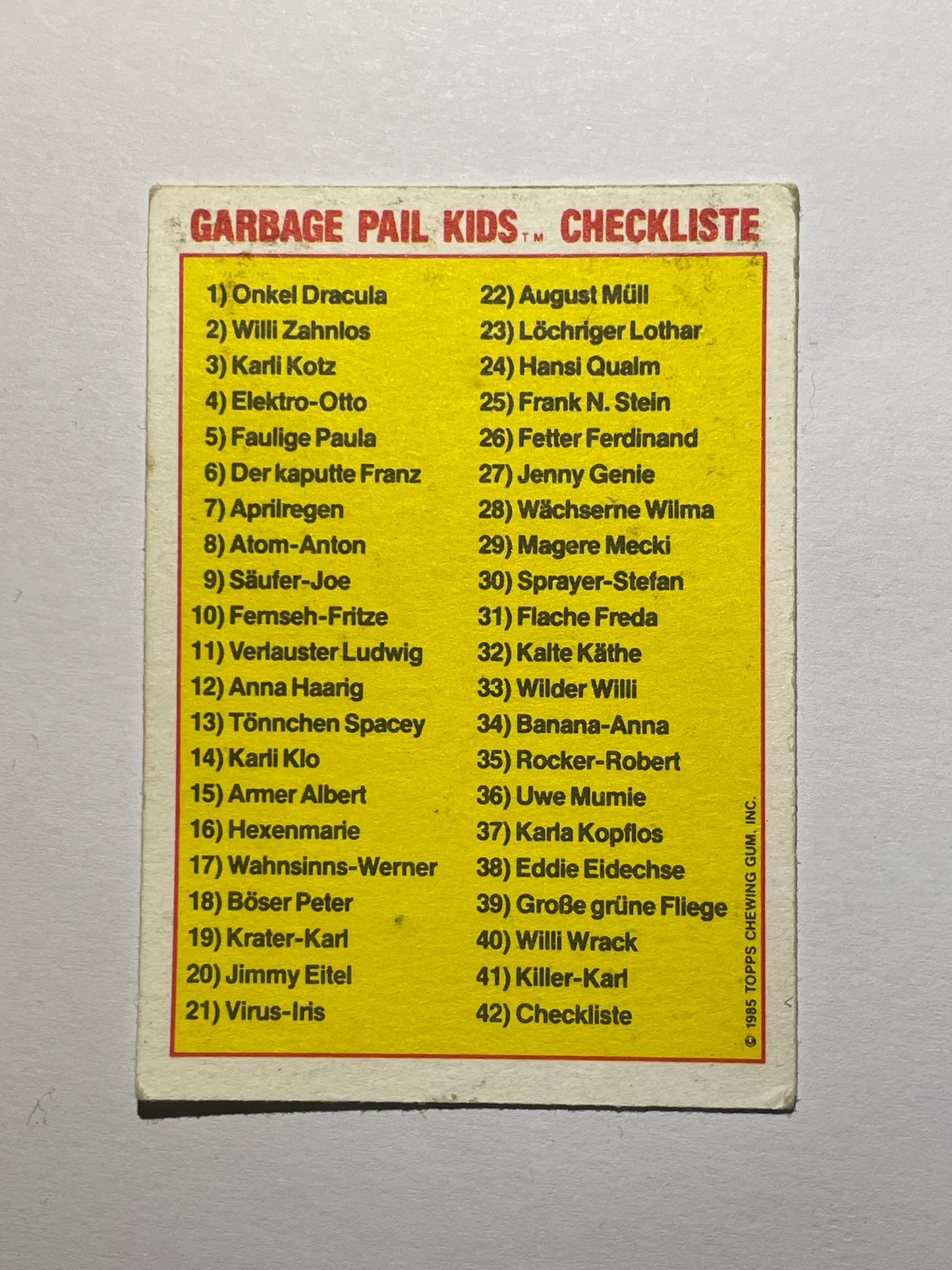 Garbage Pail Kids | German Test Set | 1985 | ATOM ANTON 8A CHECKLIST | OS1 ADAM BOMB/BLASTED BILLY