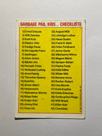 Garbage Pail Kids | German Test Set | 1985 | ATOM ANTON 8A CHECKLIST | OS1 ADAM BOMB/BLASTED BILLY