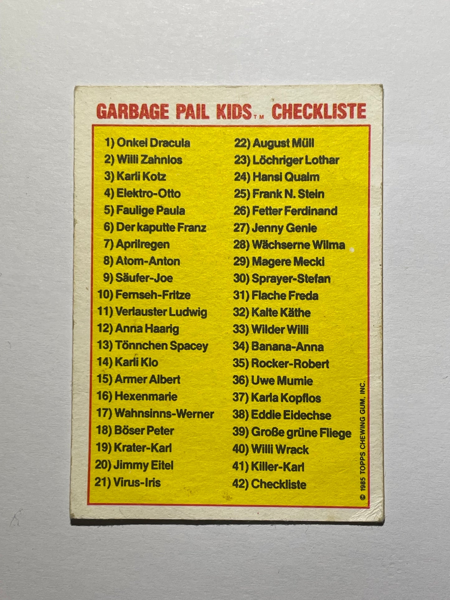 Garbage Pail Kids | German Test Set | 1985 | MAGERE MECKI 29A CHECKLIST | OS1 BONY JOANIE/THIN LYNN